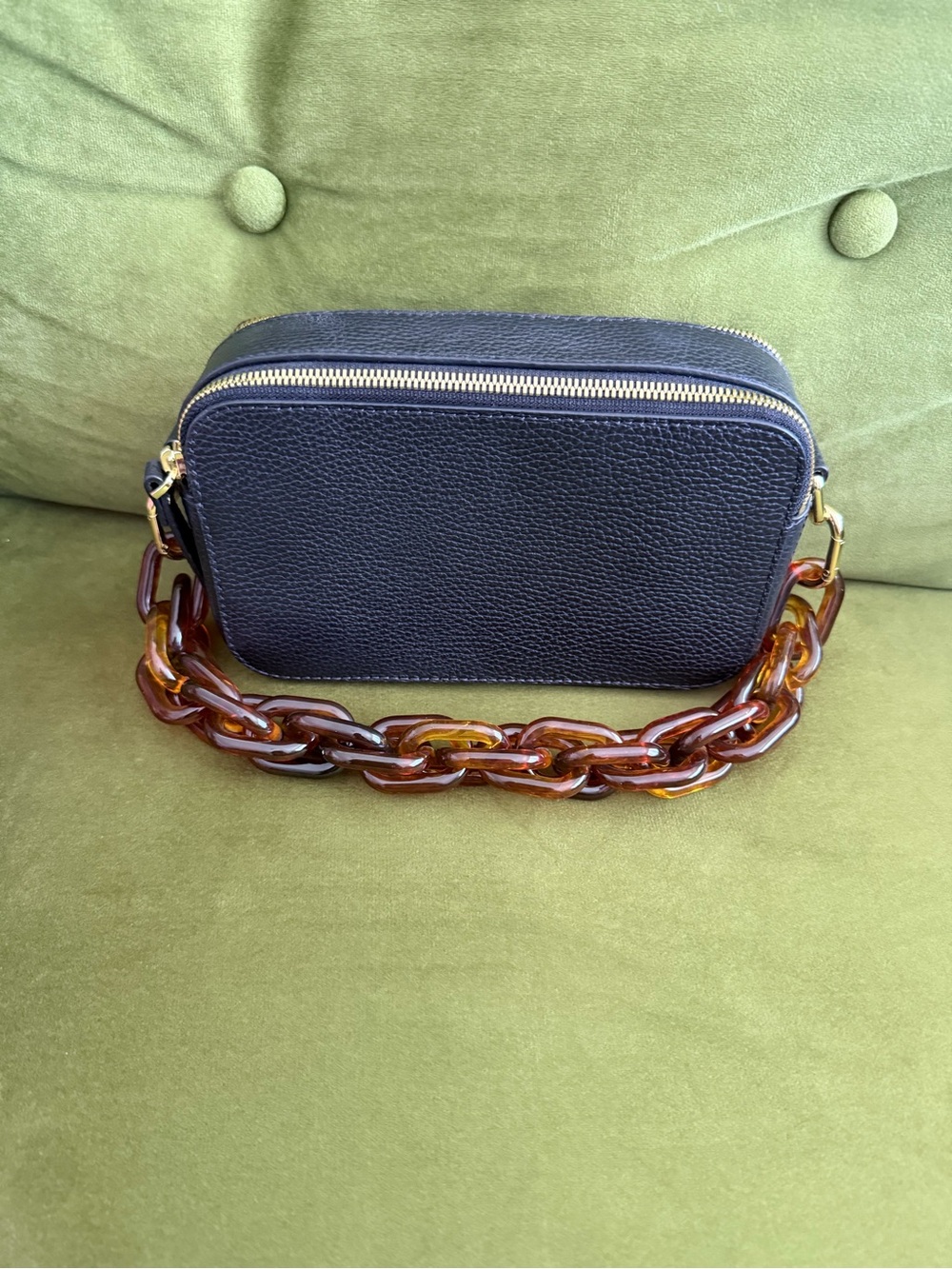 Quince Black Pebbled Leather Shoulder Bag with Tortoiseshell Chain